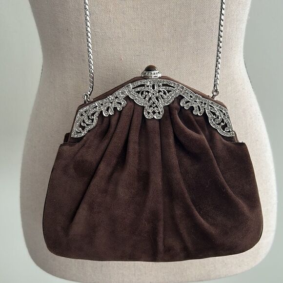 JUDITH LEIBER SUEDE EVENING BAG w/ COIN PURSE & STERLING COMB & MIRROR SET - Picture 1 of 11